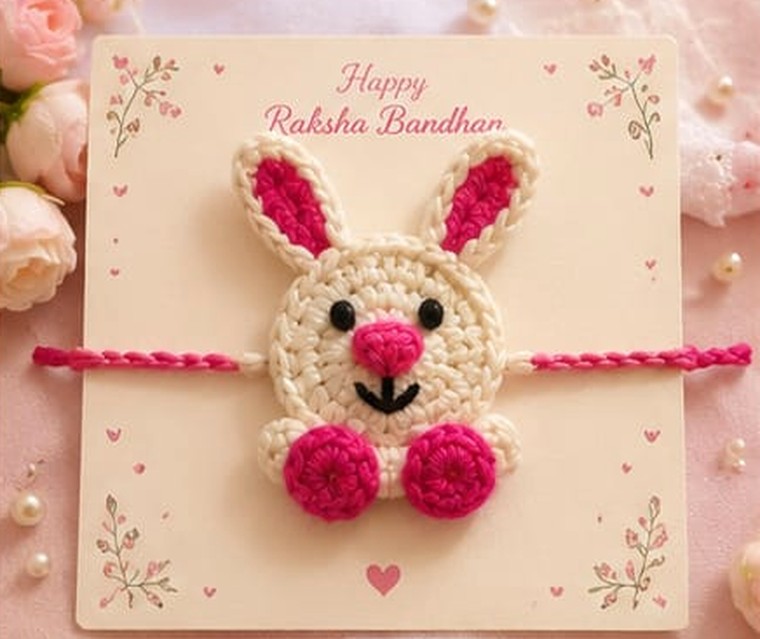 Handmade crochet cream bunny rakhi with pink ears and paws on a pink Raksha Bandhan card